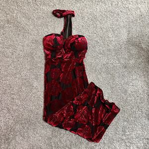 Auditions Black Red Floral Dress Velvet Long Zipper Choker NEW Size Small